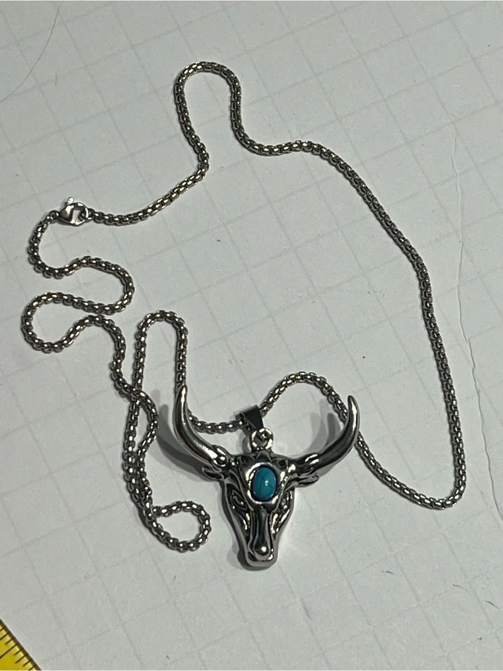 Silver Bull Skull Pendant Necklace with Turquoise Accent